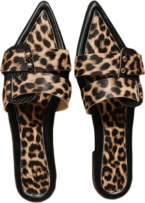 OYOANGLE Women's Leather Leopard Print Sandals Pointed Toe Slip On Flat Sandals Y2K Casual Trendy Slide Shoes