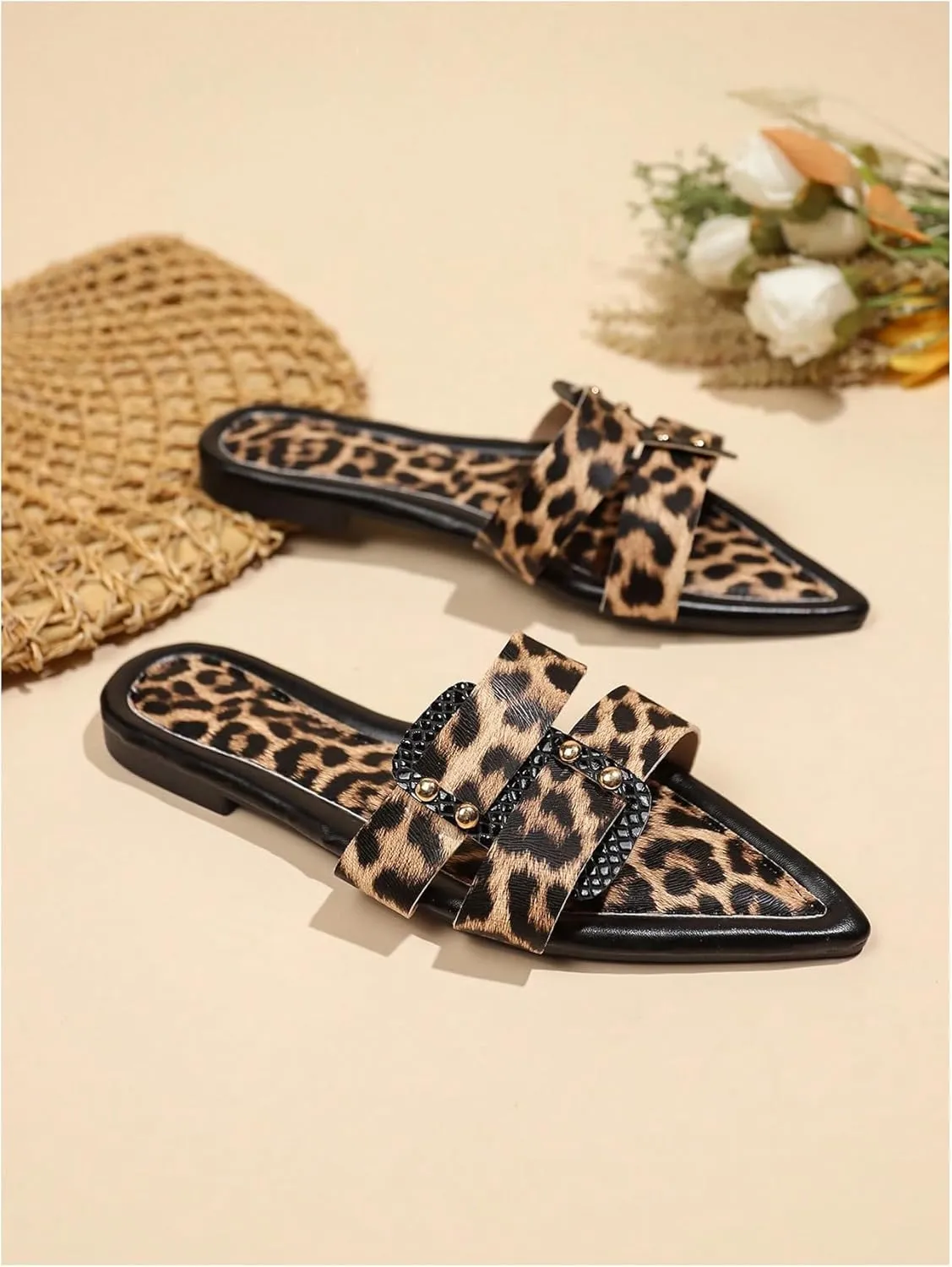 OYOANGLE Women's Leather Leopard Print Sandals Pointed Toe Slip On Flat Sandals Y2K Casual Trendy Slide Shoes