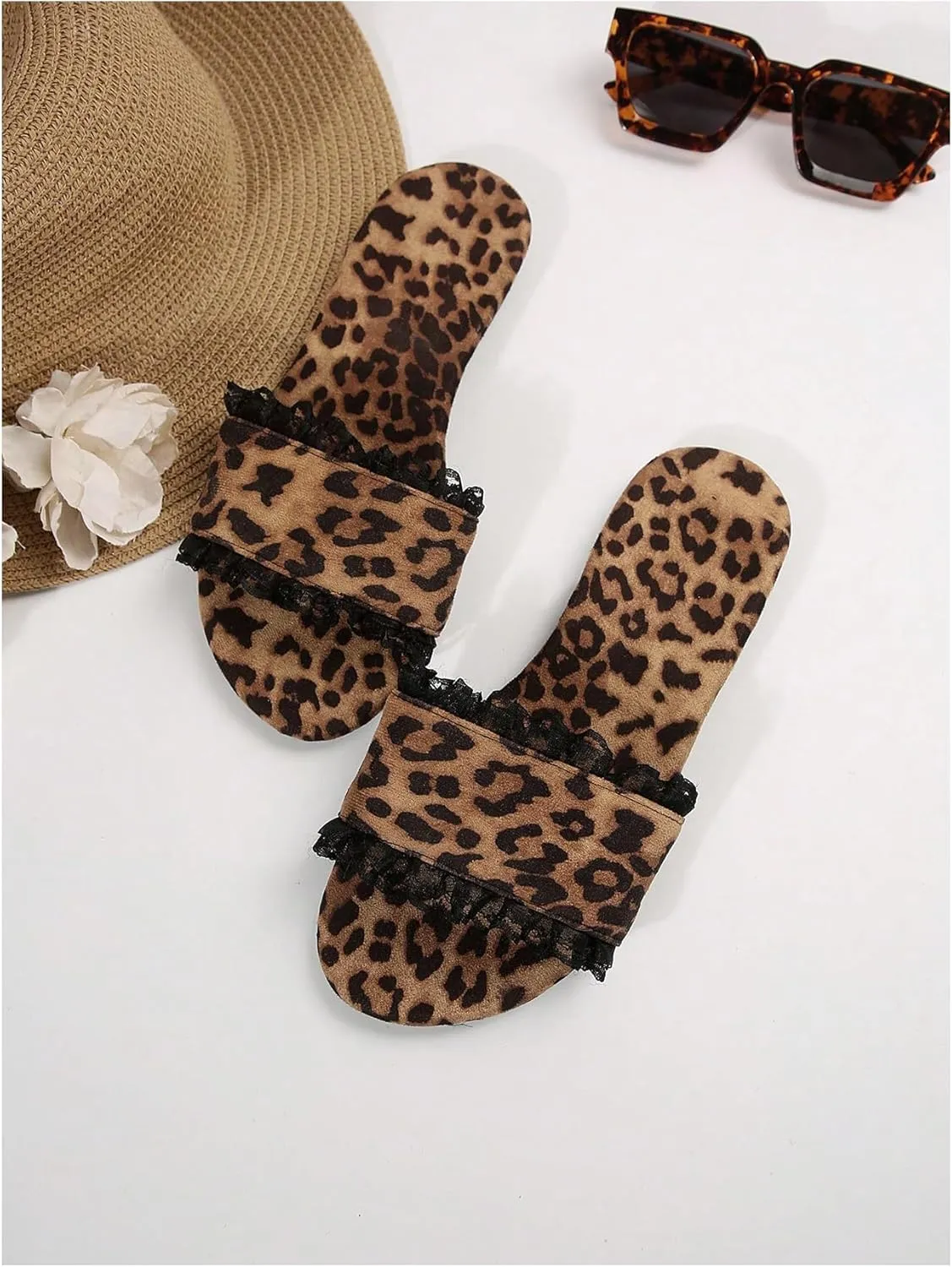 OYOANGLE Women's Leopard Print Fringe Flat Sandals Wide Single Strap Open Toe Slide Sandals