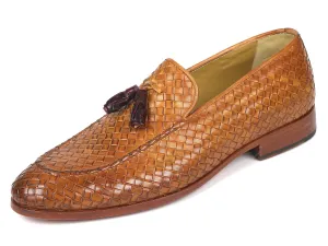 Paul Parkman Woven Leather Tassel Loafers, Camel Colour
