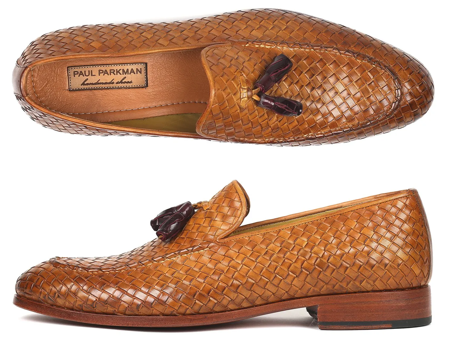 Paul Parkman Woven Leather Tassel Loafers, Camel Colour