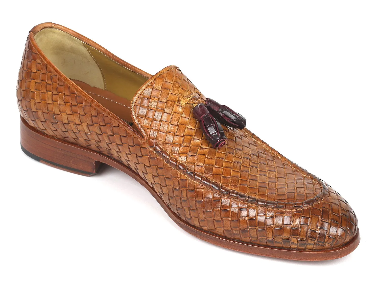 Paul Parkman Woven Leather Tassel Loafers, Camel Colour