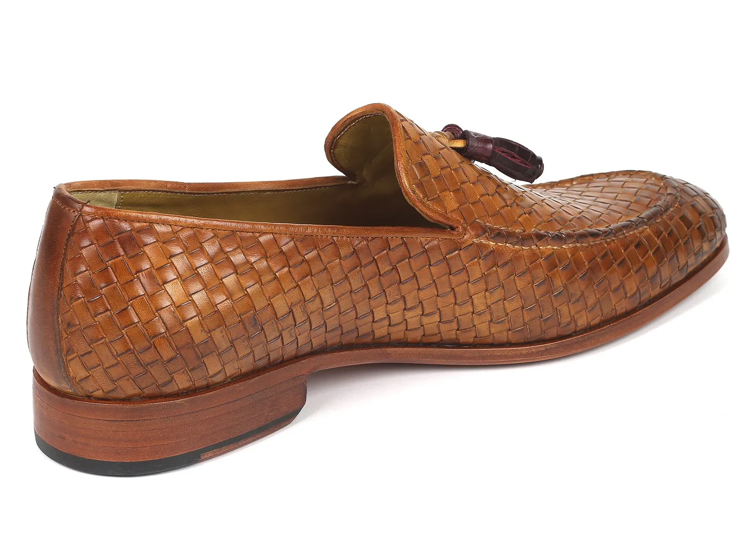 Paul Parkman Woven Leather Tassel Loafers, Camel Colour