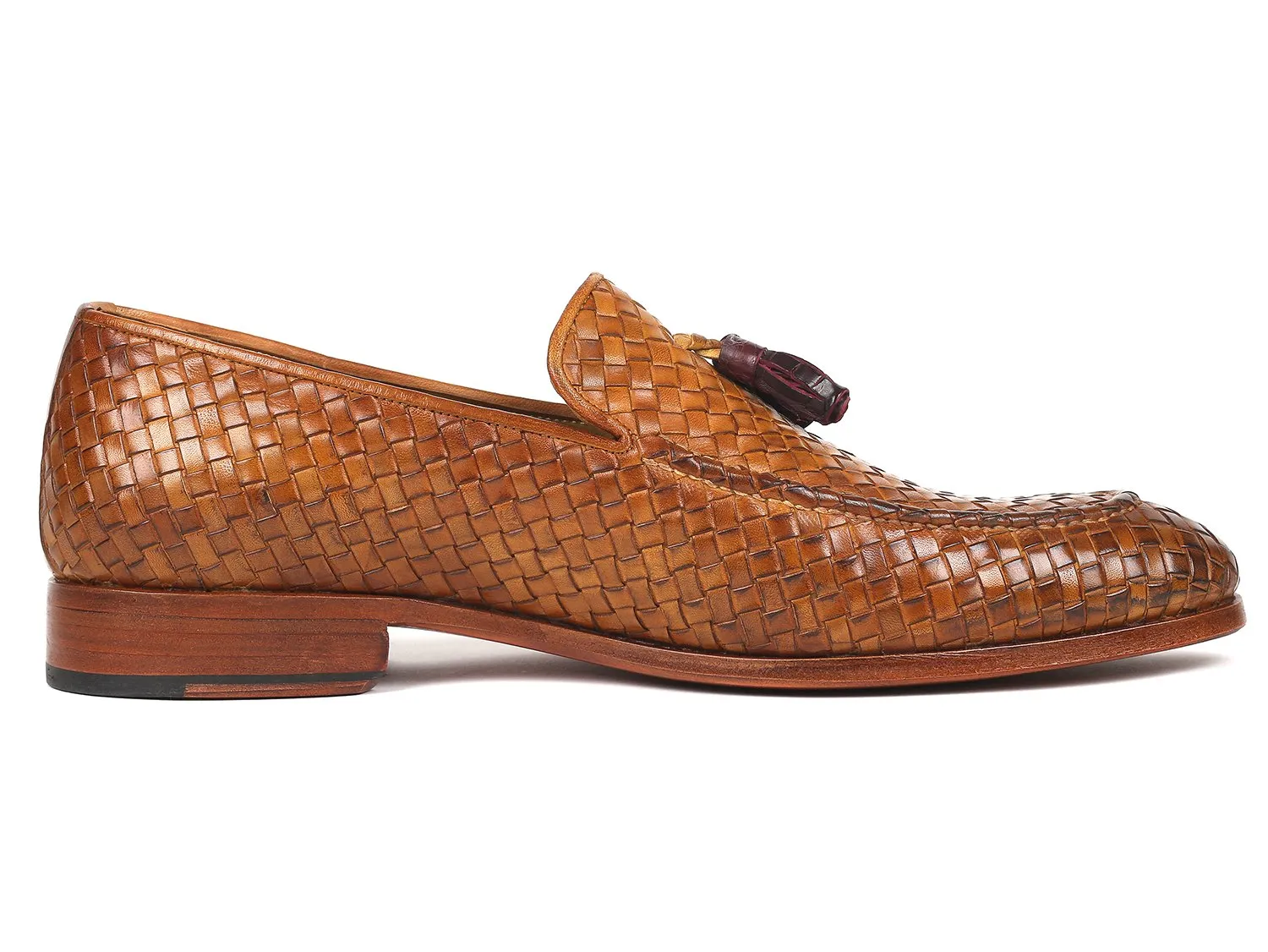 Paul Parkman Woven Leather Tassel Loafers, Camel Colour