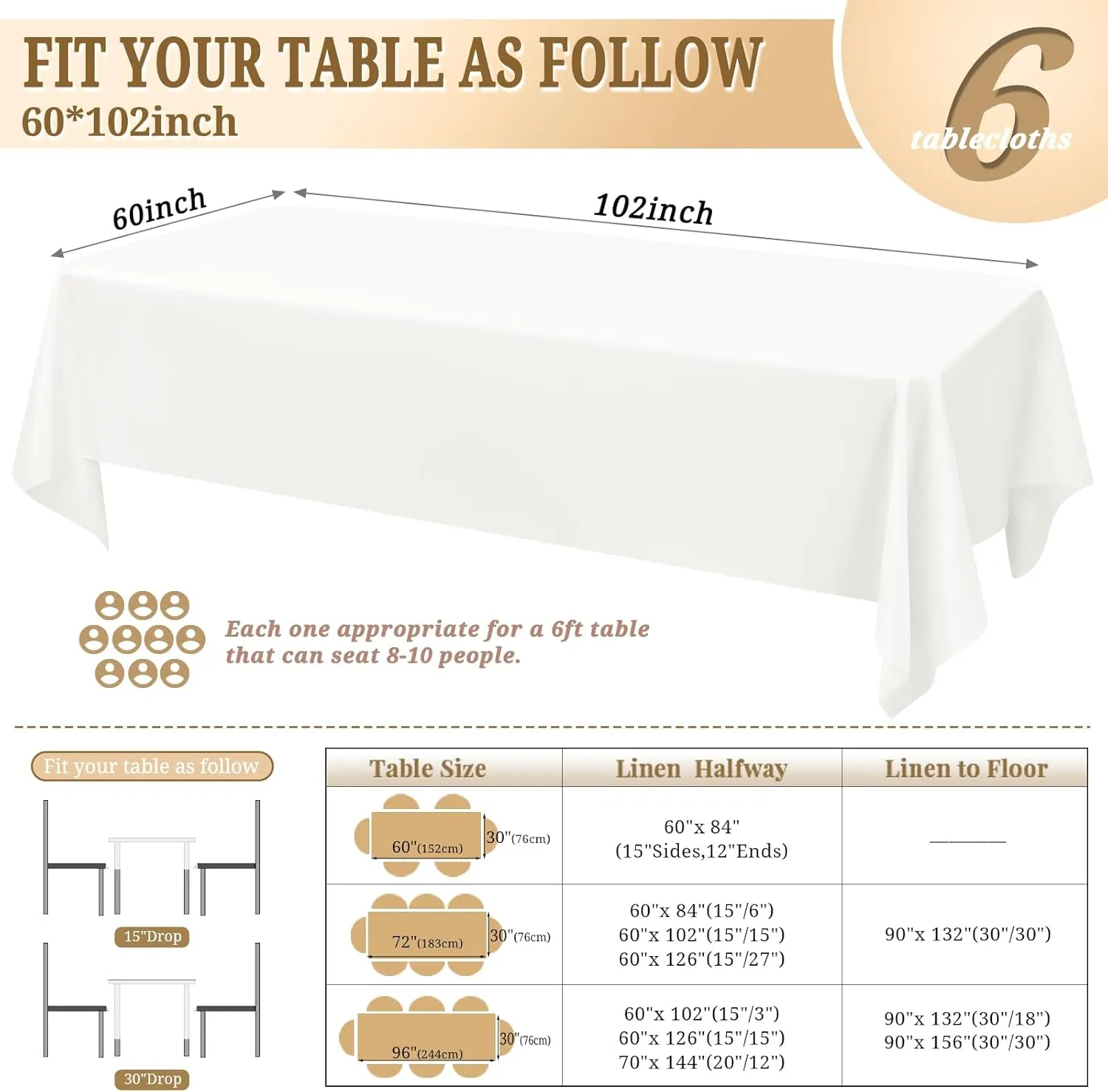 Pesonlook 6Pack Polyester Tablecloths 60 x 102 Inch for 6ft Rectangle Tables, Polyester Table Cover Washable Table Cloth for Wedding Reception Banquet Party(Ivory)