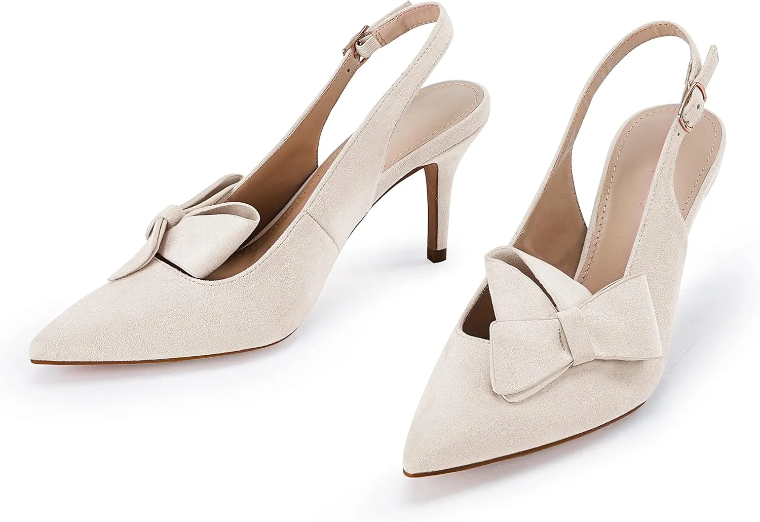 PiePieBuy Womens Pointed Toe Slingback Pumps Mid Heel Bow Stilettos Sandals Faux Suede Wedding Party Dress Shoes