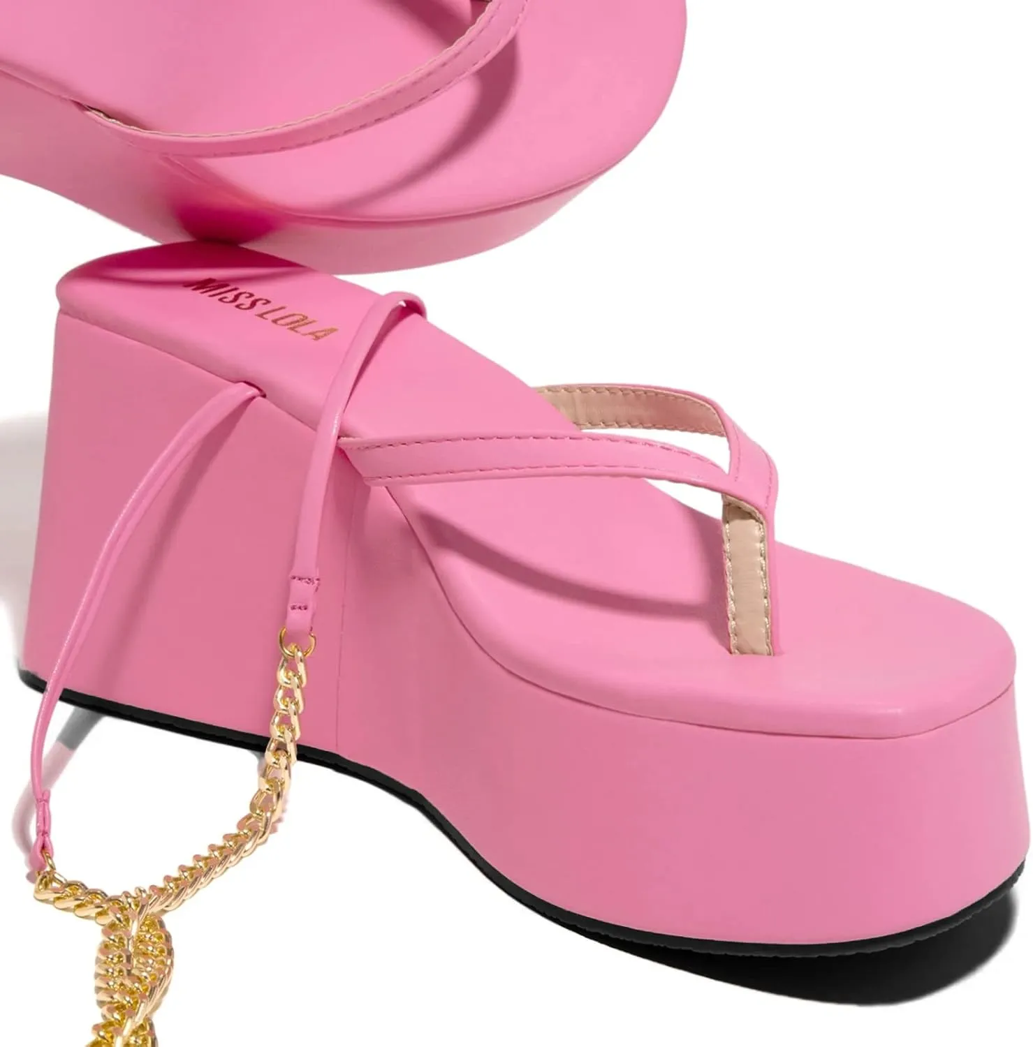 Platform Strappy Platform Thong Women Chain Shoes Fashion Sandals Sandals Strap Women's Sandals City Classified Sandals for Women (Pink, 6.5)
