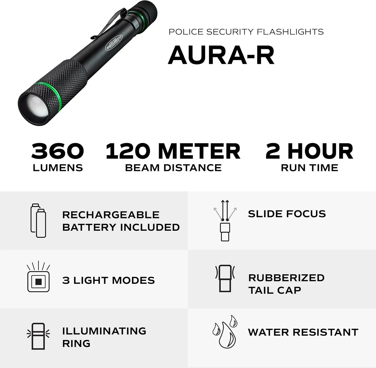 Police Security - Aura-R Flashlight - 360 Lumens - Water Resistant