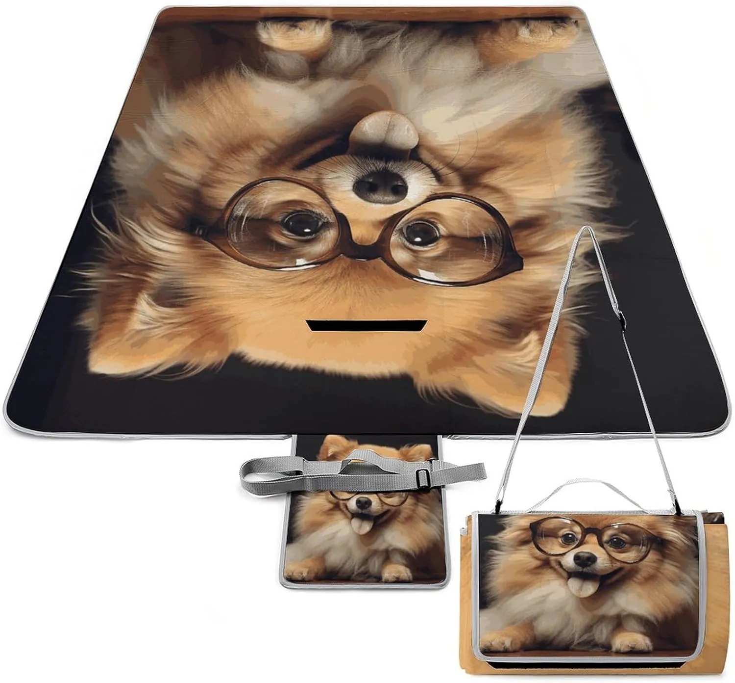 Pomeranian Dog Wearing Glasses Picnic Blanket Outdoor, Oversized Beach Blanket, Foldable Lightweight Waterproof Sand Cushion Suitable for Beaches, Camping Grasslands Mat