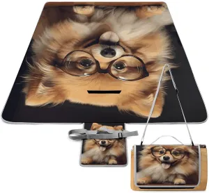 Pomeranian Dog Wearing Glasses Picnic Blanket Outdoor, Oversized Beach Blanket, Foldable Lightweight Waterproof Sand Cushion Suitable for Beaches, Camping Grasslands Mat