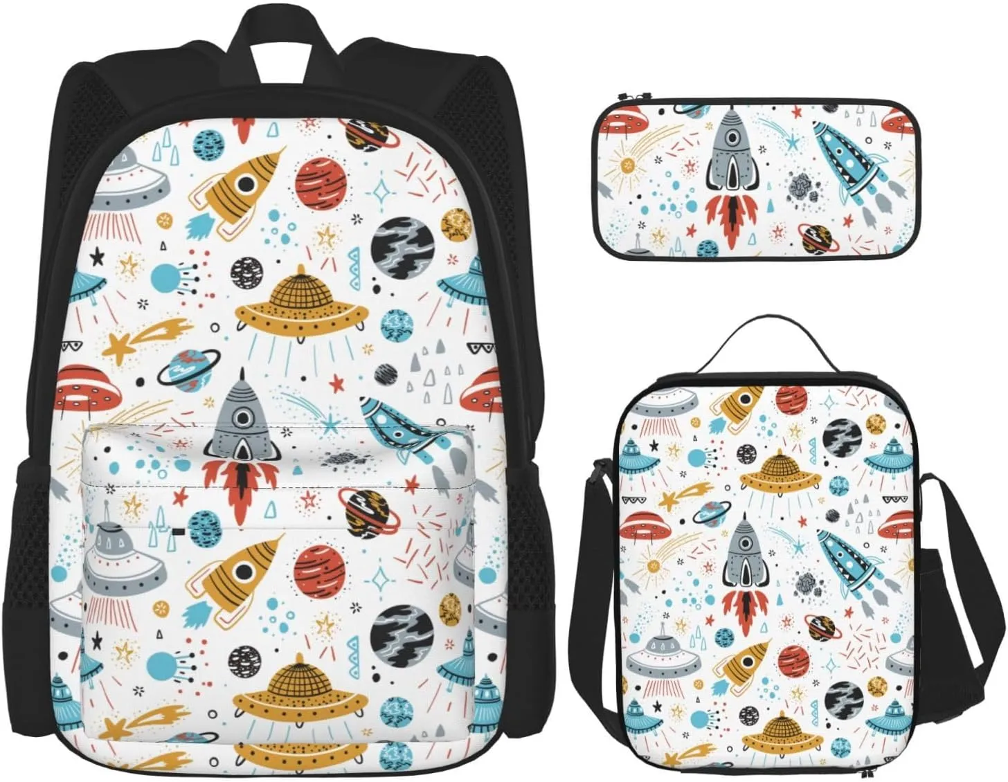 Premium Cartoon Rockets Print 3-in-1 Backpack Set with Lunch Bag & Pencil Case Portable Bag Set