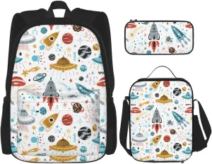 Premium Cartoon Rockets Print 3-in-1 Backpack Set with Lunch Bag & Pencil Case Portable Bag Set