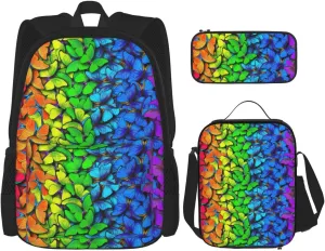 Premium Colorful Butterfly Print 3-in-1 Backpack Set with Lunch Bag & Pencil Case Portable Bag Set