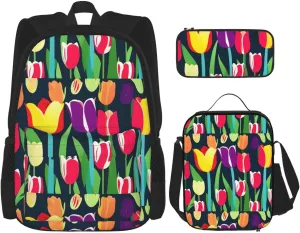 Premium Colorful Tulips Print 3-in-1 Backpack Set with Lunch Bag & Pencil Case Portable Bag Set