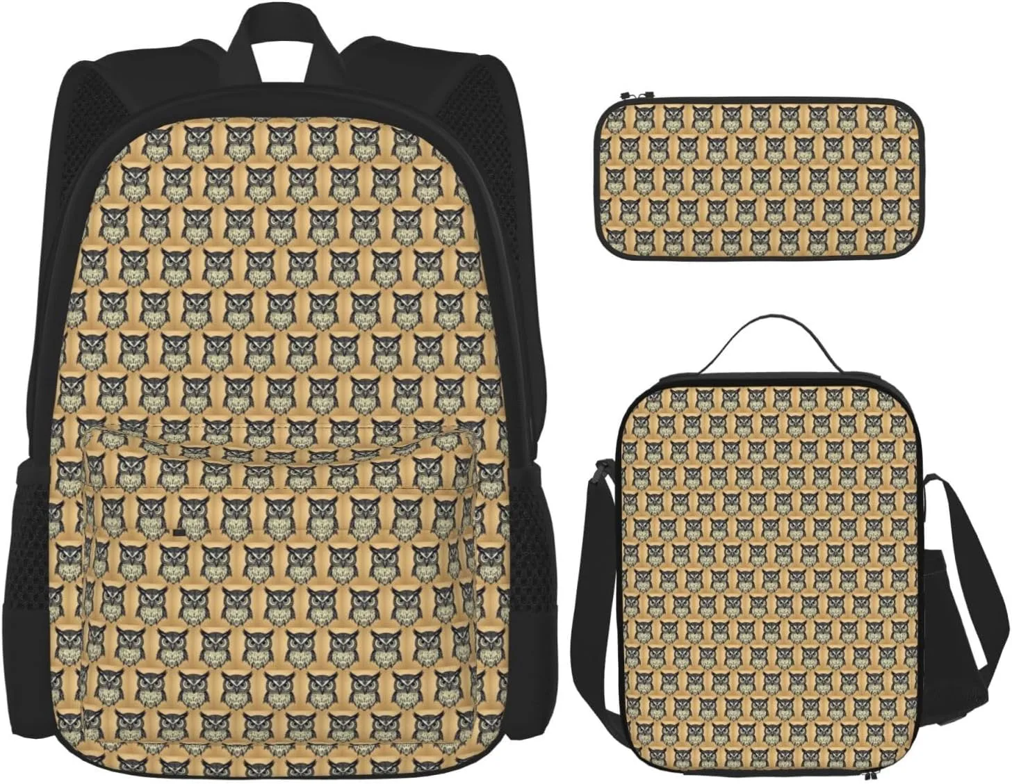 Premium Cute Owl Print 3-in-1 Backpack Set with Lunch Bag & Pencil Case Portable Bag Set