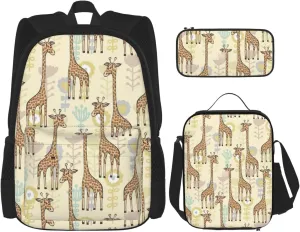 Premium Hand Drawn Giraffes Print 3-in-1 Backpack Set with Lunch Bag & Pencil Case Portable Bag Set