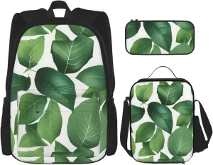 Premium Herb Plant Leaf Print 3-in-1 Backpack Set with Lunch Bag & Pencil Case Portable Bag Set
