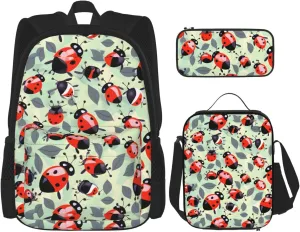 Premium Ladybugs Cartoon Pattern Print 3-in-1 Backpack Set with Lunch Bag & Pencil Case Portable Bag Set