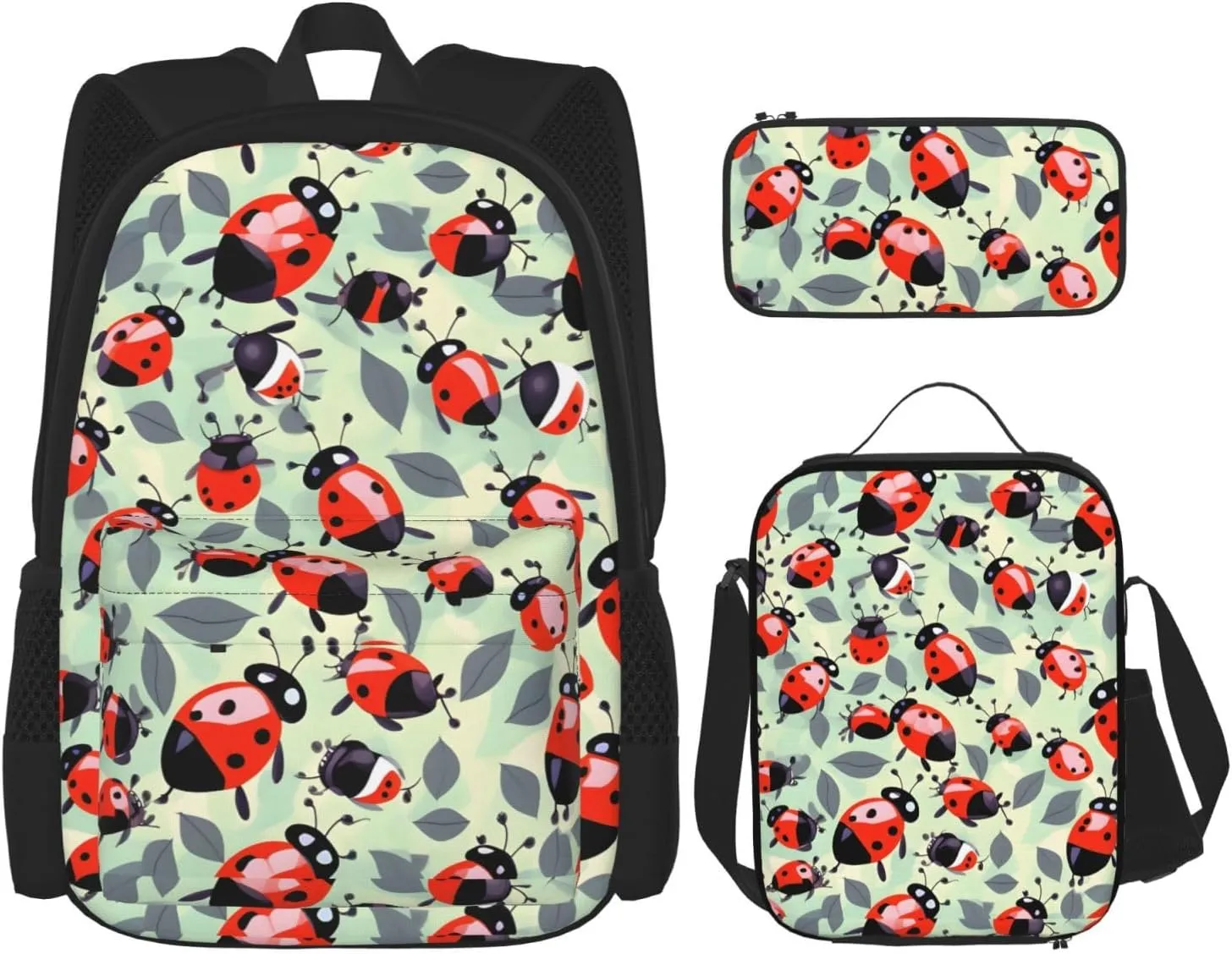 Premium Ladybugs Cartoon Pattern Print 3-in-1 Backpack Set with Lunch Bag & Pencil Case Portable Bag Set