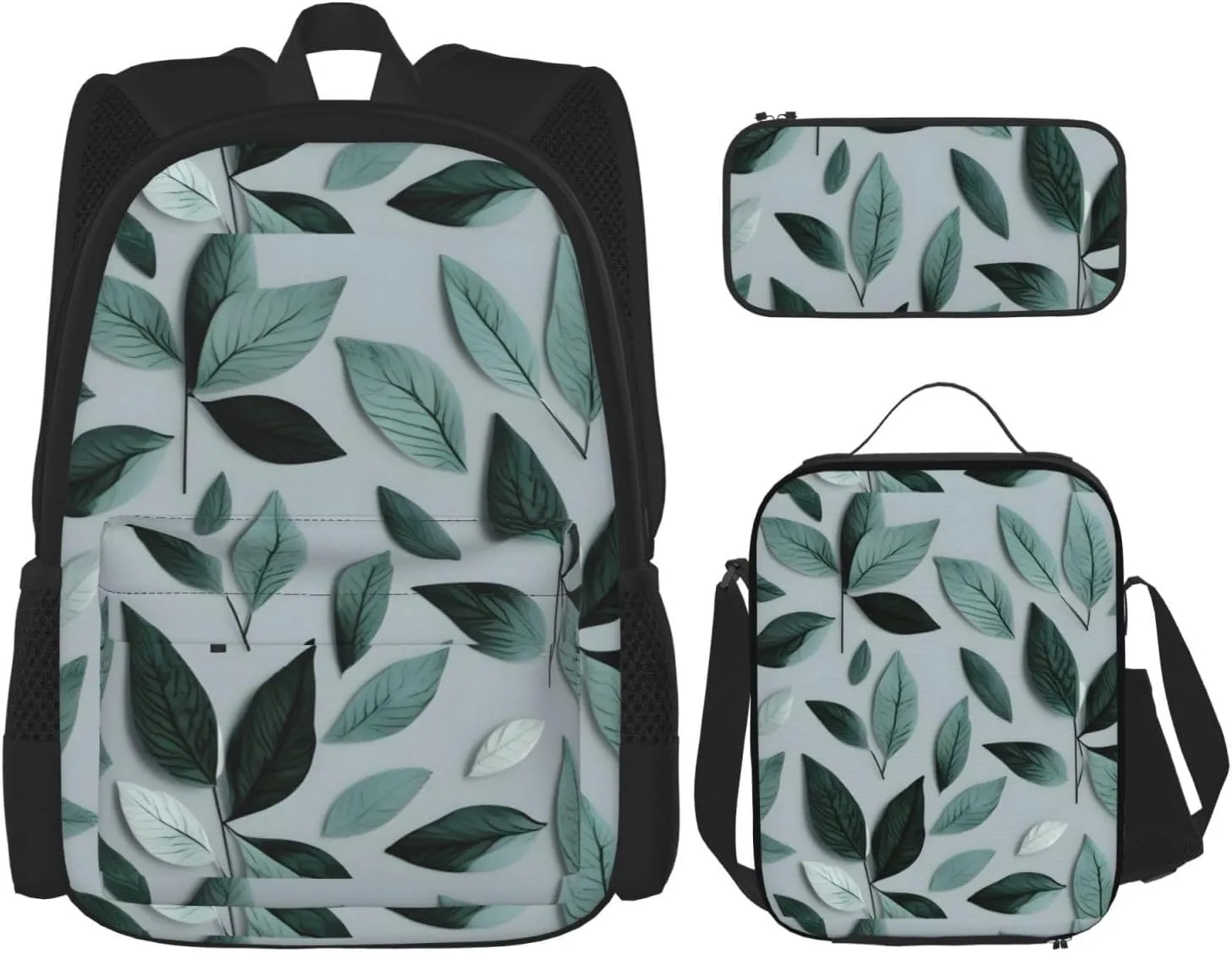 Premium Mint Gray Leaf Print 3-in-1 Backpack Set with Lunch Bag & Pencil Case Portable Bag Set
