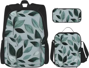 Premium Mint Gray Leaf Print 3-in-1 Backpack Set with Lunch Bag & Pencil Case Portable Bag Set