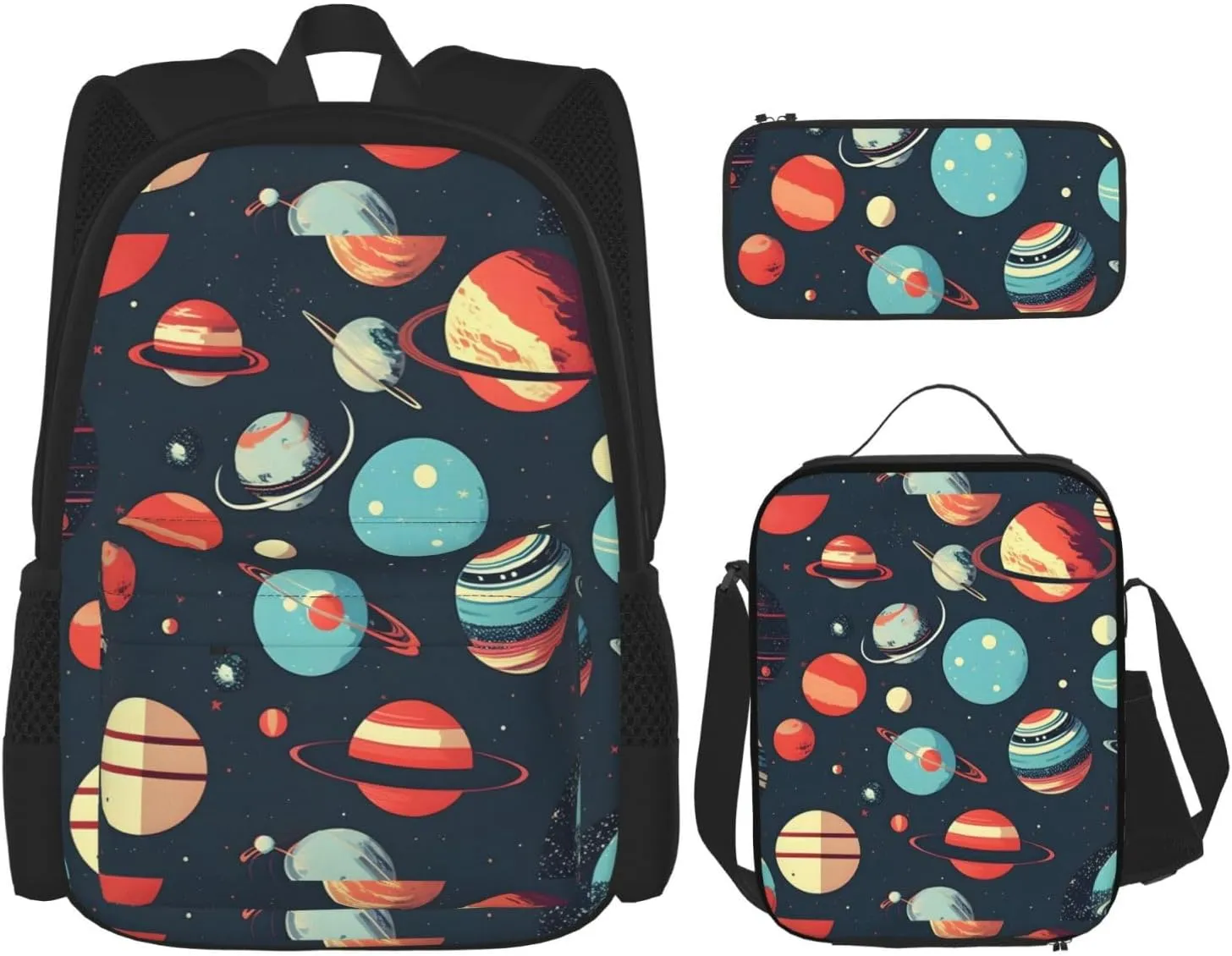 Premium Outer Space Planet Print 3-in-1 Backpack Set with Lunch Bag & Pencil Case Portable Bag Set