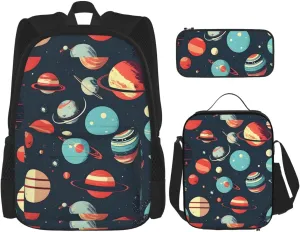 Premium Outer Space Planet Print 3-in-1 Backpack Set with Lunch Bag & Pencil Case Portable Bag Set