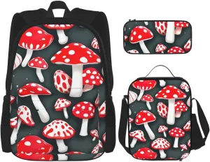 Premium Red White Mushroom Print 3-in-1 Backpack Set with Lunch Bag & Pencil Case Portable Bag Set