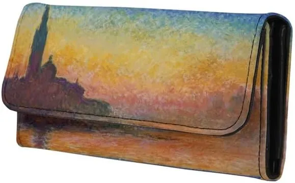 PU Leather Monet Trifold Wallets for Women, San Giorgio Maggiore at Dusk, Claude Monet Artwork Ladies Clutch with Cards Slots Tall Billfold Cash Wallet