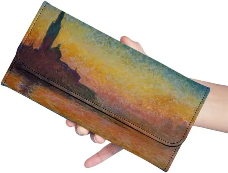 PU Leather Monet Trifold Wallets for Women, San Giorgio Maggiore at Dusk, Claude Monet Artwork Ladies Clutch with Cards Slots Tall Billfold Cash Wallet