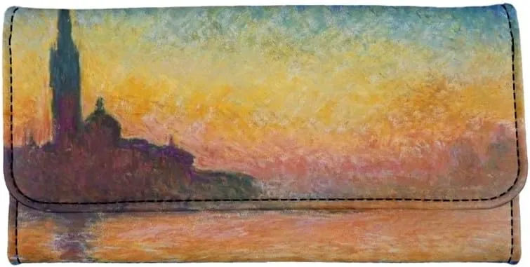 PU Leather Monet Trifold Wallets for Women, San Giorgio Maggiore at Dusk, Claude Monet Artwork Ladies Clutch with Cards Slots Tall Billfold Cash Wallet