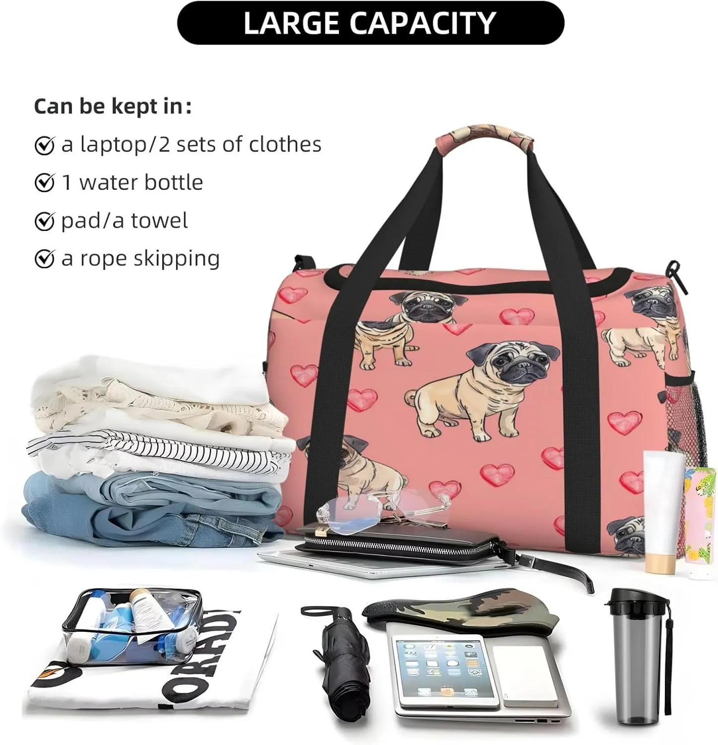 Pug Puppy Dogs Travel Duffel Bag with Strap Multi Pockets Sports Bag Handbag Large Shoulder Bag for Gym Weekend Fitness Camping