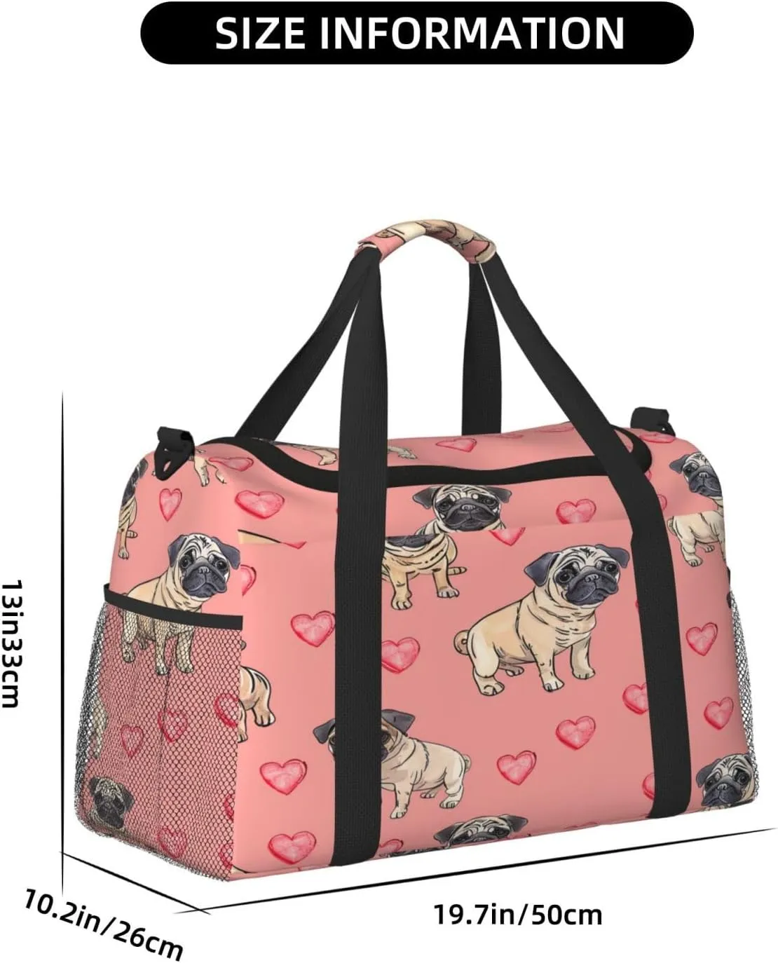 Pug Puppy Dogs Travel Duffel Bag with Strap Multi Pockets Sports Bag Handbag Large Shoulder Bag for Gym Weekend Fitness Camping