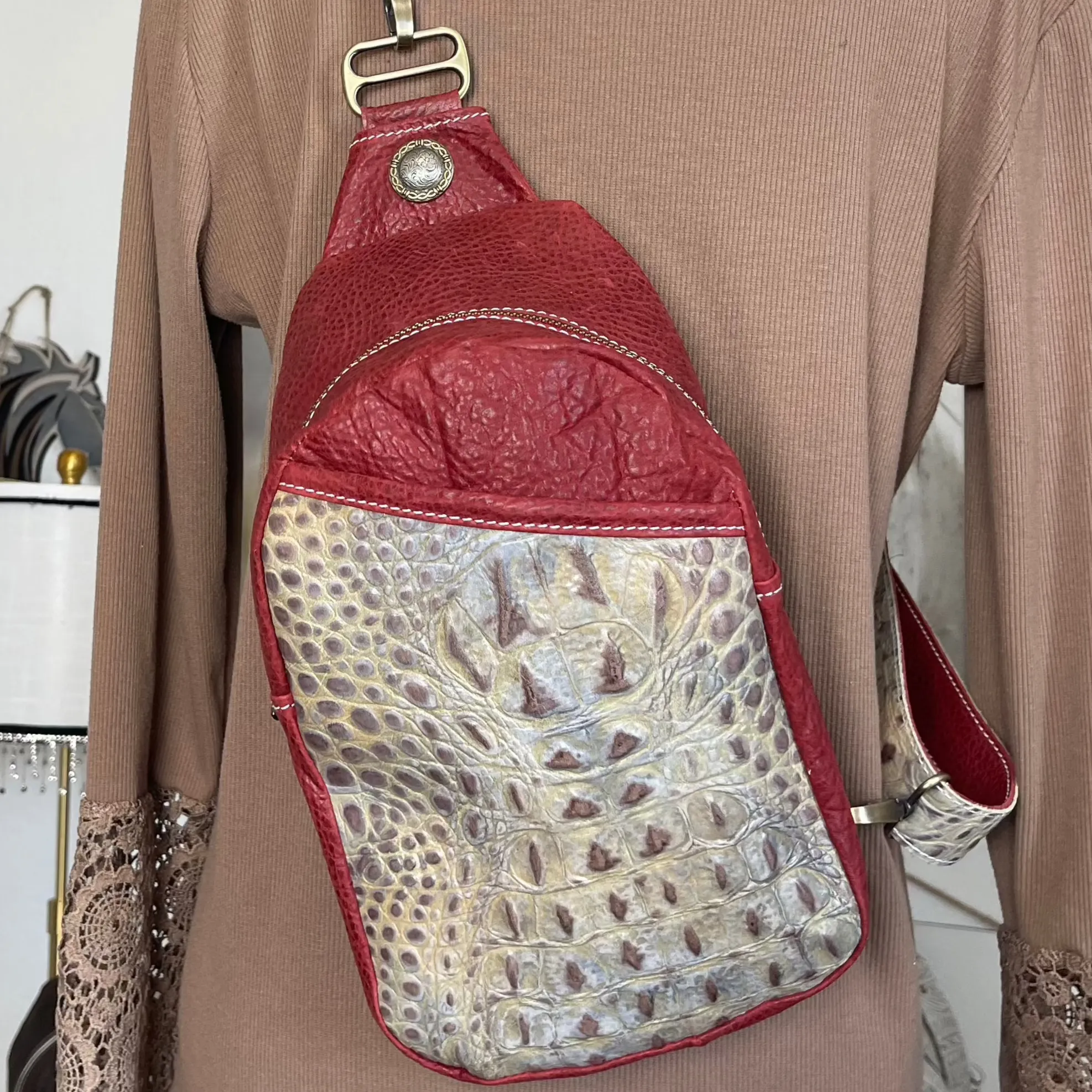 Red and Croc Embossed Leather Sling Bag/Cross Body Purse/Handmade Bag MM032