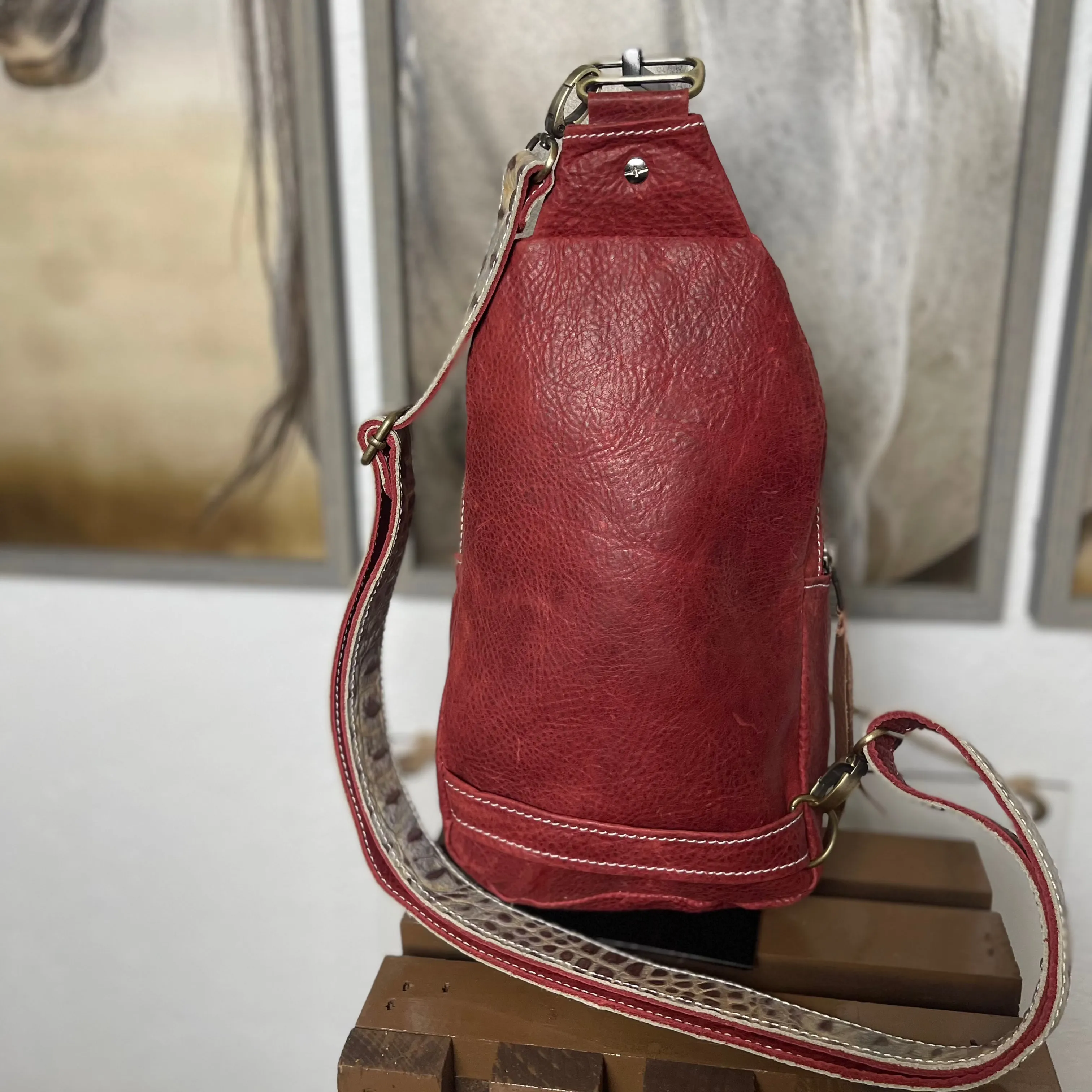 Red and Croc Embossed Leather Sling Bag/Cross Body Purse/Handmade Bag MM032