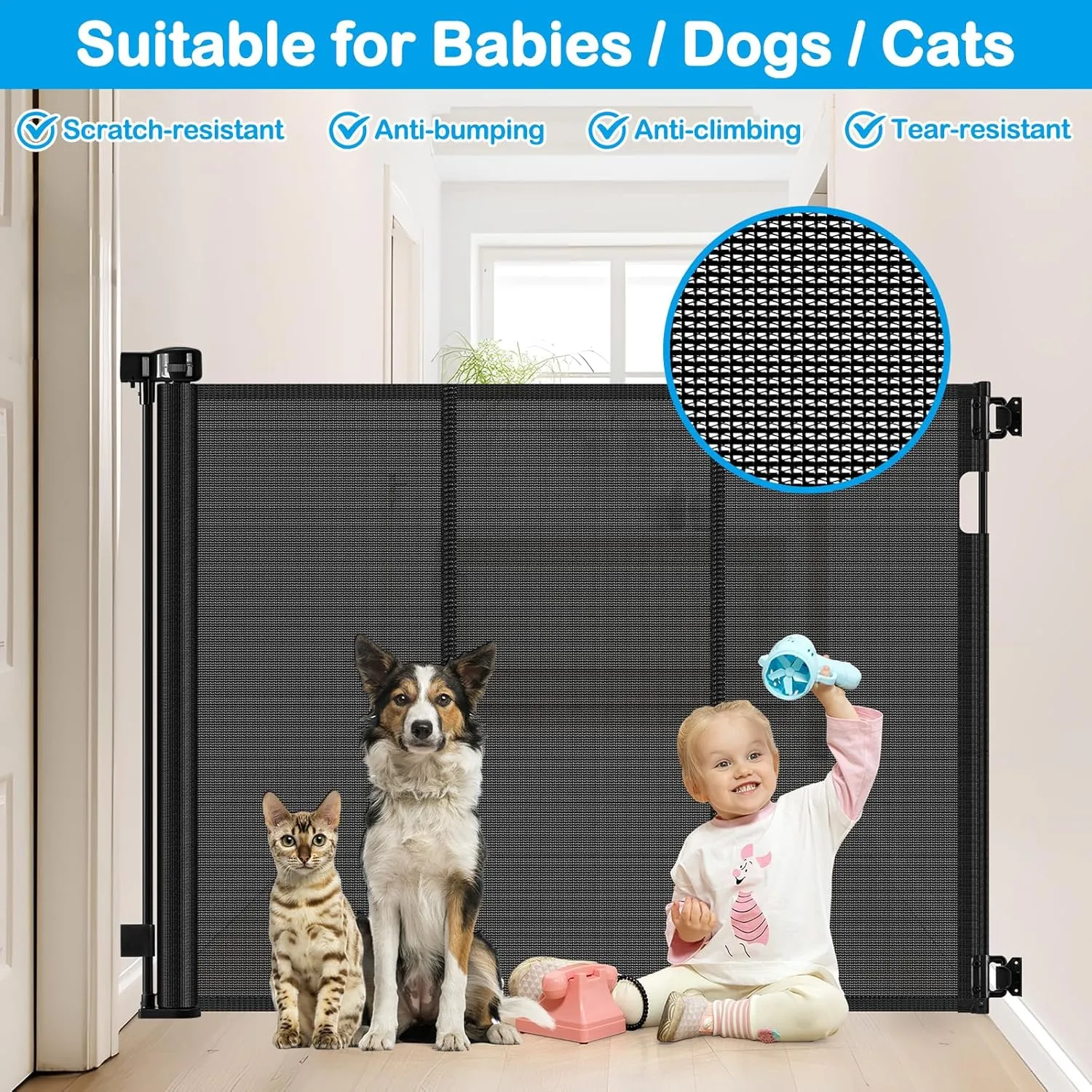 Reinforced 42 Inch Extra Tall Retractable Dog Gate with Reinforced Strips 55 Inch Wide Retractable Baby Gates for Doorways Anti-Scratch Extra Tall Dog Gate Outdoor Pet Gates for Dogs Indoor, Black