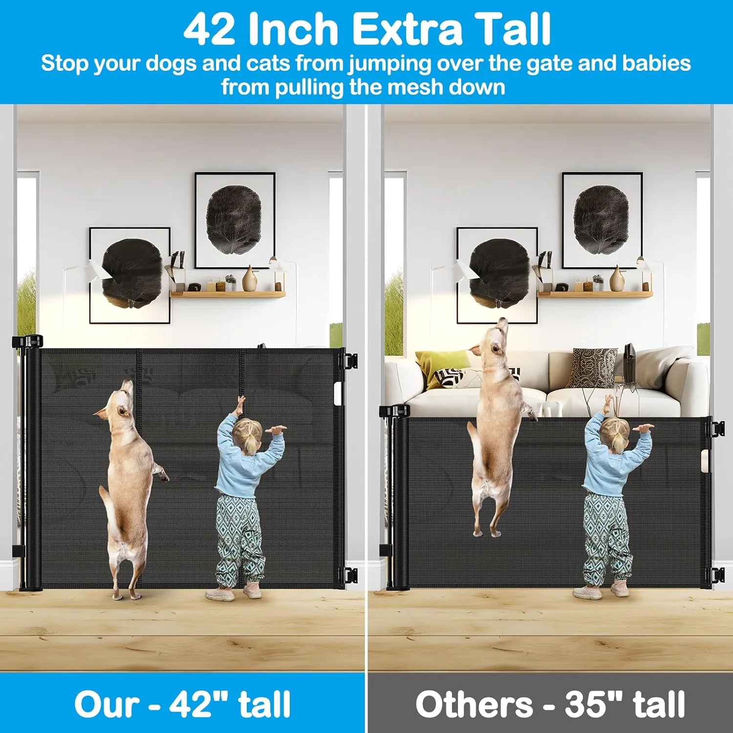 Reinforced 42 Inch Extra Tall Retractable Dog Gate with Reinforced Strips 55 Inch Wide Retractable Baby Gates for Doorways Anti-Scratch Extra Tall Dog Gate Outdoor Pet Gates for Dogs Indoor, Black