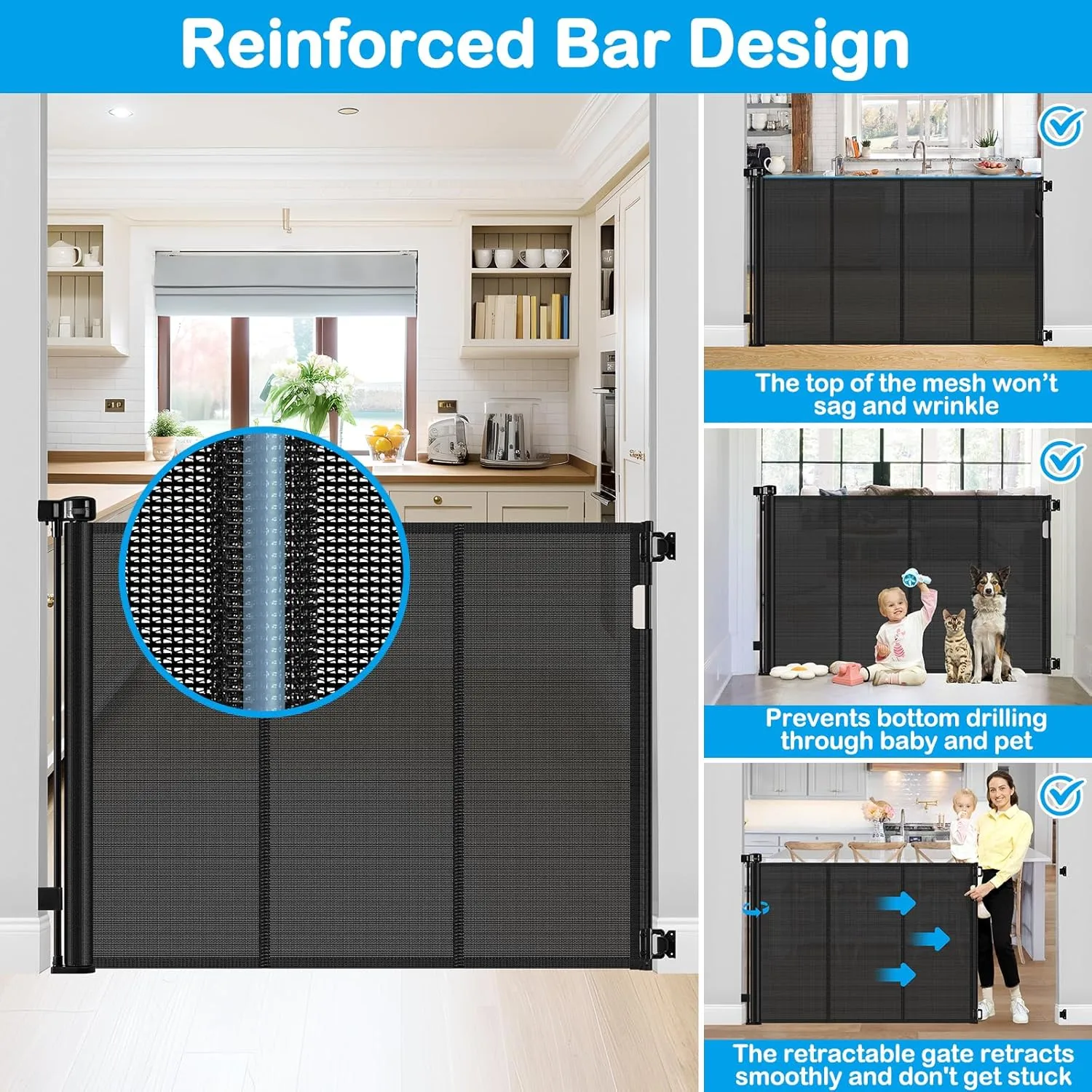 Reinforced 42 Inch Extra Tall Retractable Dog Gate with Reinforced Strips 55 Inch Wide Retractable Baby Gates for Doorways Anti-Scratch Extra Tall Dog Gate Outdoor Pet Gates for Dogs Indoor, Black