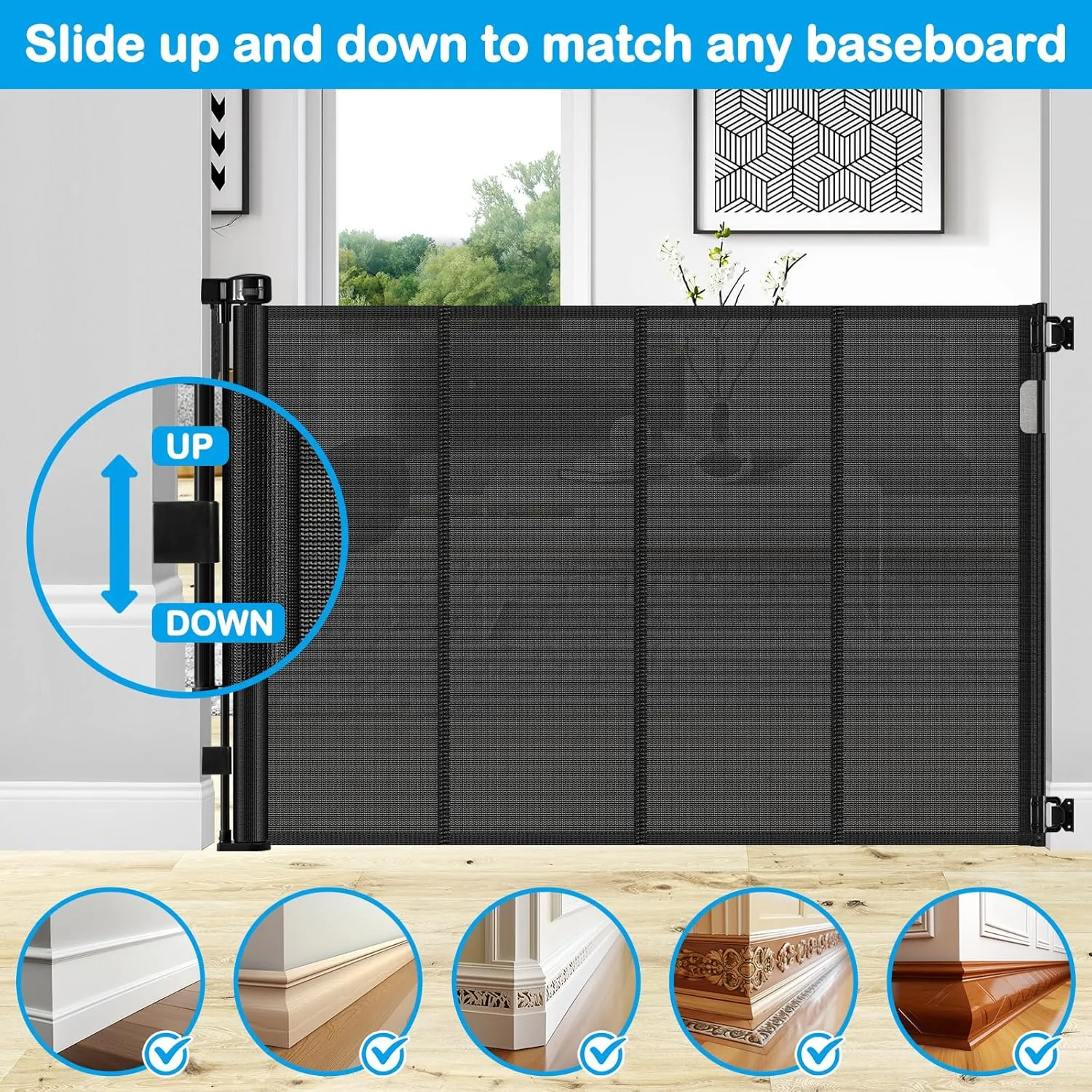 Reinforced 42 Inch Extra Tall Retractable Dog Gate with Reinforced Strips 55 Inch Wide Retractable Baby Gates for Doorways Anti-Scratch Extra Tall Dog Gate Outdoor Pet Gates for Dogs Indoor, Black