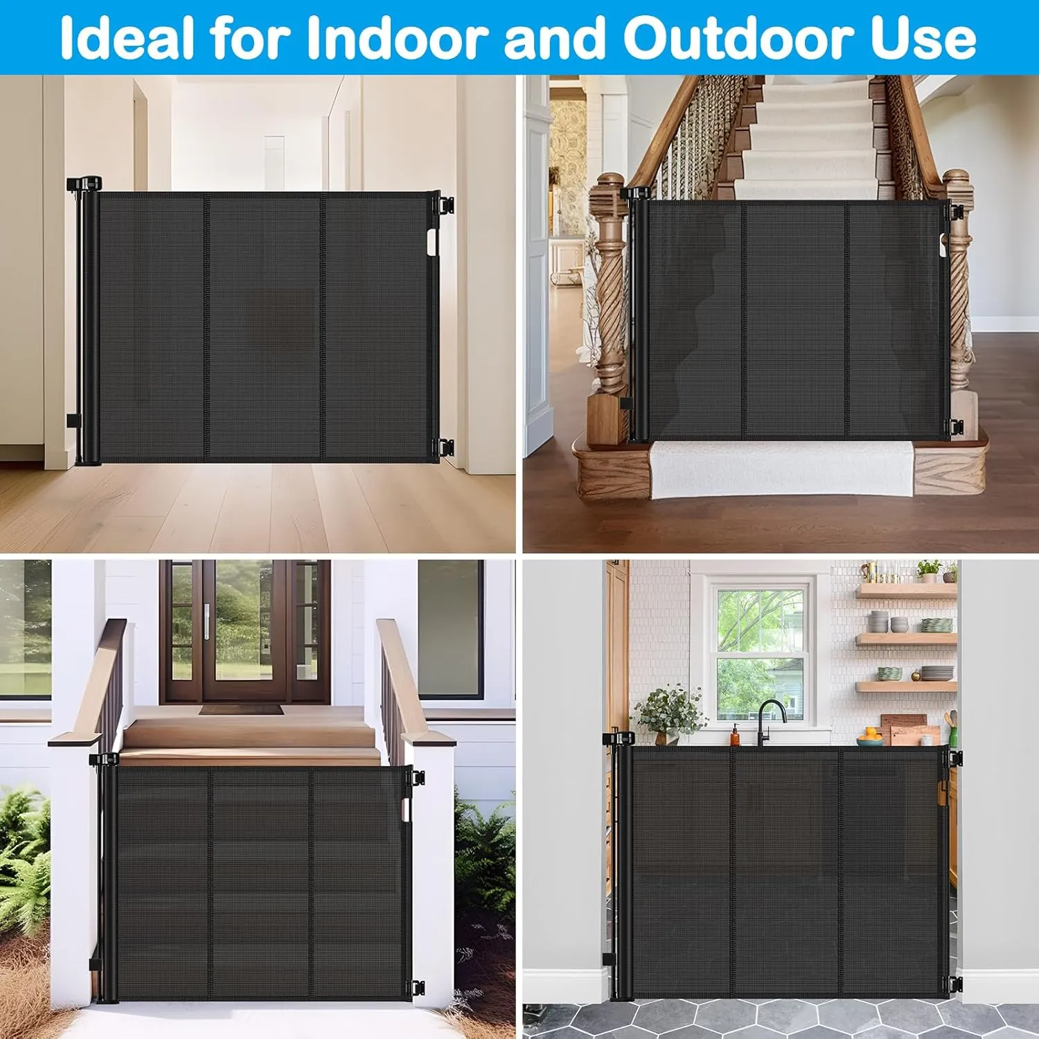 Reinforced 42 Inch Extra Tall Retractable Dog Gate with Reinforced Strips 55 Inch Wide Retractable Baby Gates for Doorways Anti-Scratch Extra Tall Dog Gate Outdoor Pet Gates for Dogs Indoor, Black