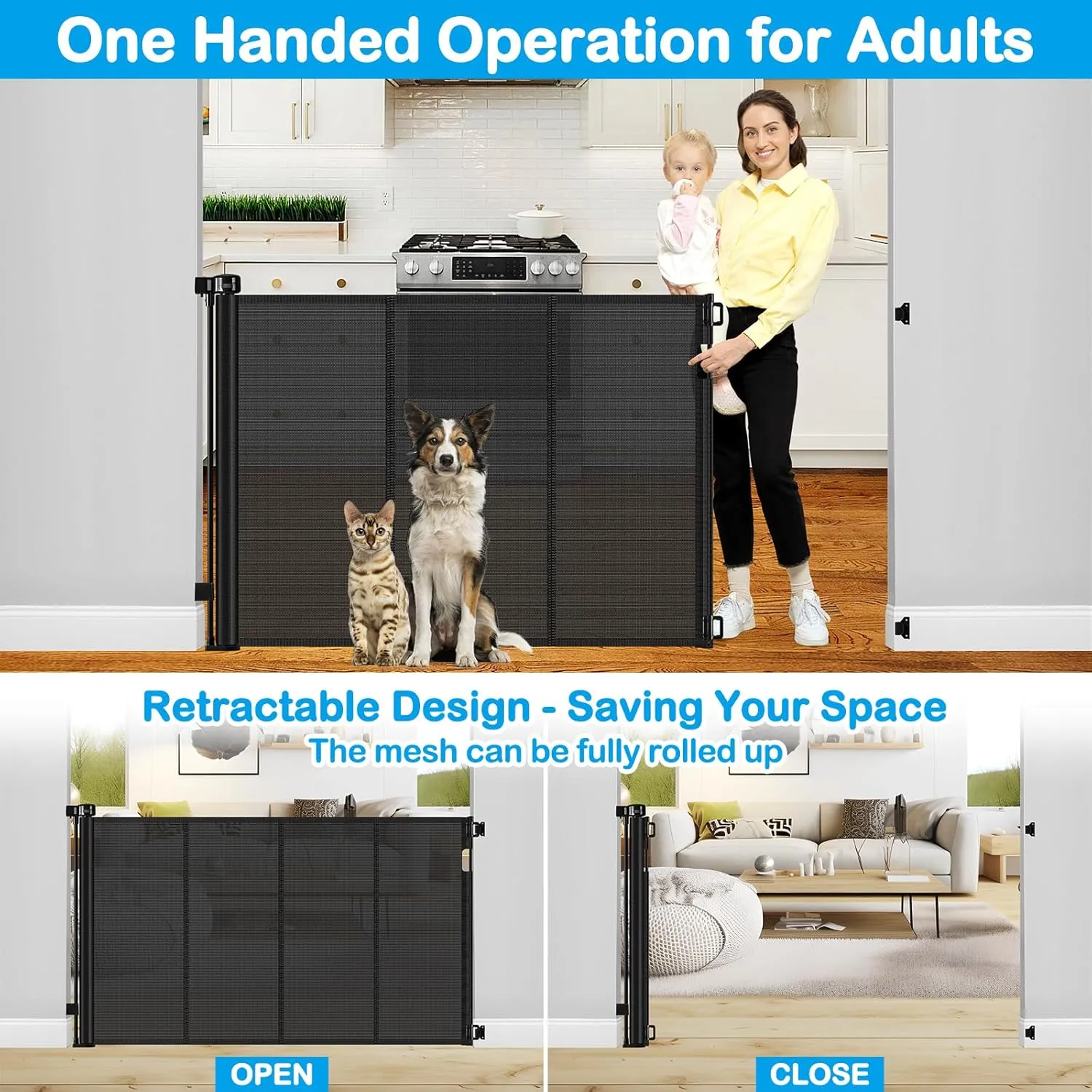 Reinforced 42 Inch Extra Tall Retractable Dog Gate with Reinforced Strips 55 Inch Wide Retractable Baby Gates for Doorways Anti-Scratch Extra Tall Dog Gate Outdoor Pet Gates for Dogs Indoor, Black