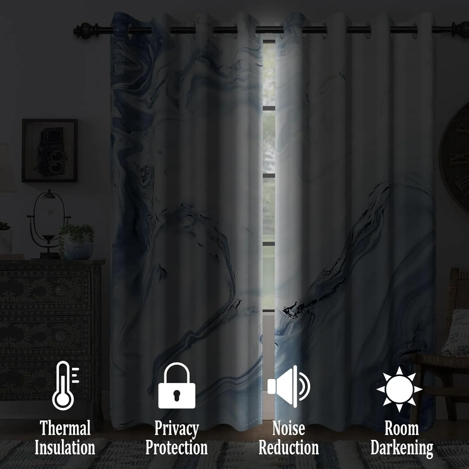 Renaiss Blue Marble Blackout Curtains for Bedroom Abstract Fluid Texture Printed Window Curtain Modern Luxury Crack Art Thermal Insulated Drapes for Living Room Decor 2 Panels Set, 53x63 Inch