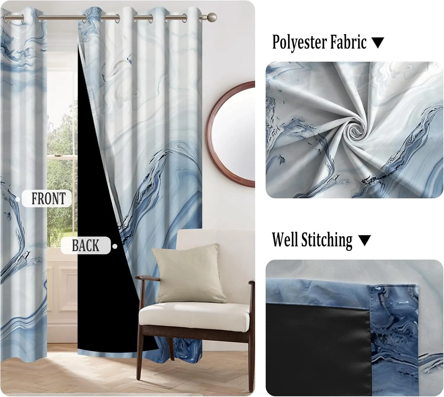 Renaiss Blue Marble Blackout Curtains for Bedroom Abstract Fluid Texture Printed Window Curtain Modern Luxury Crack Art Thermal Insulated Drapes for Living Room Decor 2 Panels Set, 53x63 Inch
