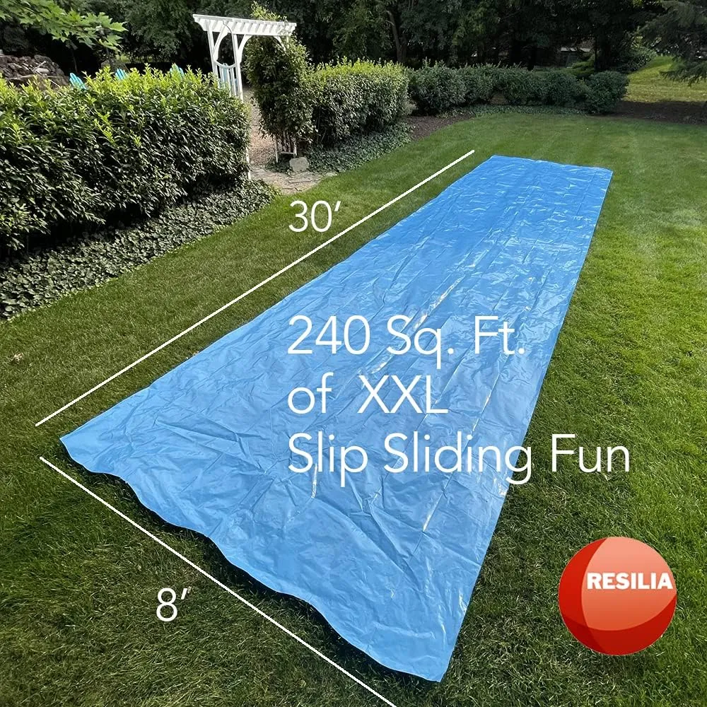 RESILIA - Super Slip Lawn Water Slide XXL, 30 Feet Long x 8 Feet Wide, for Adults and Teens, Powder Blue with Hold Steady Stakes