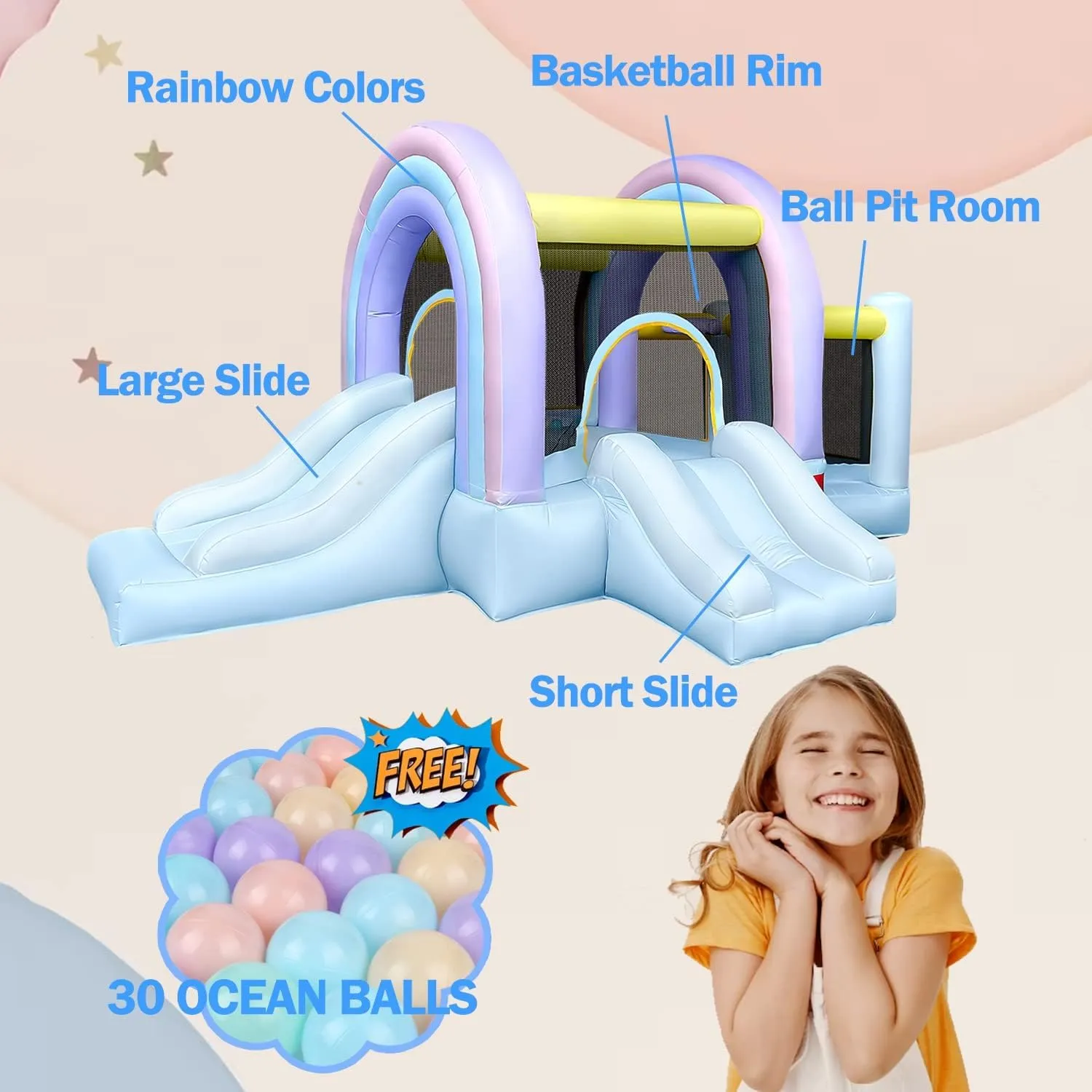 RETRO JUMP Bounce House for Kids,Marshmallow Bouncy Castle,Blue Bouncer with Ball Play Room & Slide,Inflatable Bouncy Castle Outdoor with Blower,Basketball Hoop,Balls,Patch Kits,Stakes