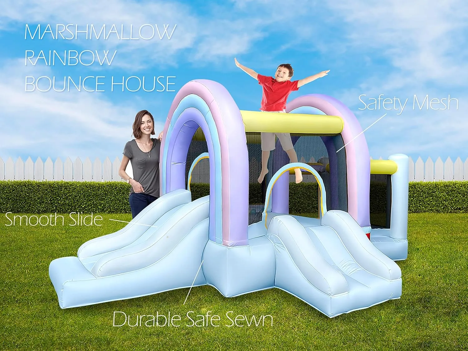 RETRO JUMP Bounce House for Kids,Marshmallow Bouncy Castle,Blue Bouncer with Ball Play Room & Slide,Inflatable Bouncy Castle Outdoor with Blower,Basketball Hoop,Balls,Patch Kits,Stakes