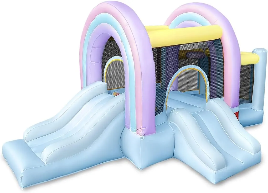RETRO JUMP Bounce House for Kids,Marshmallow Bouncy Castle,Blue Bouncer with Ball Play Room & Slide,Inflatable Bouncy Castle Outdoor with Blower,Basketball Hoop,Balls,Patch Kits,Stakes