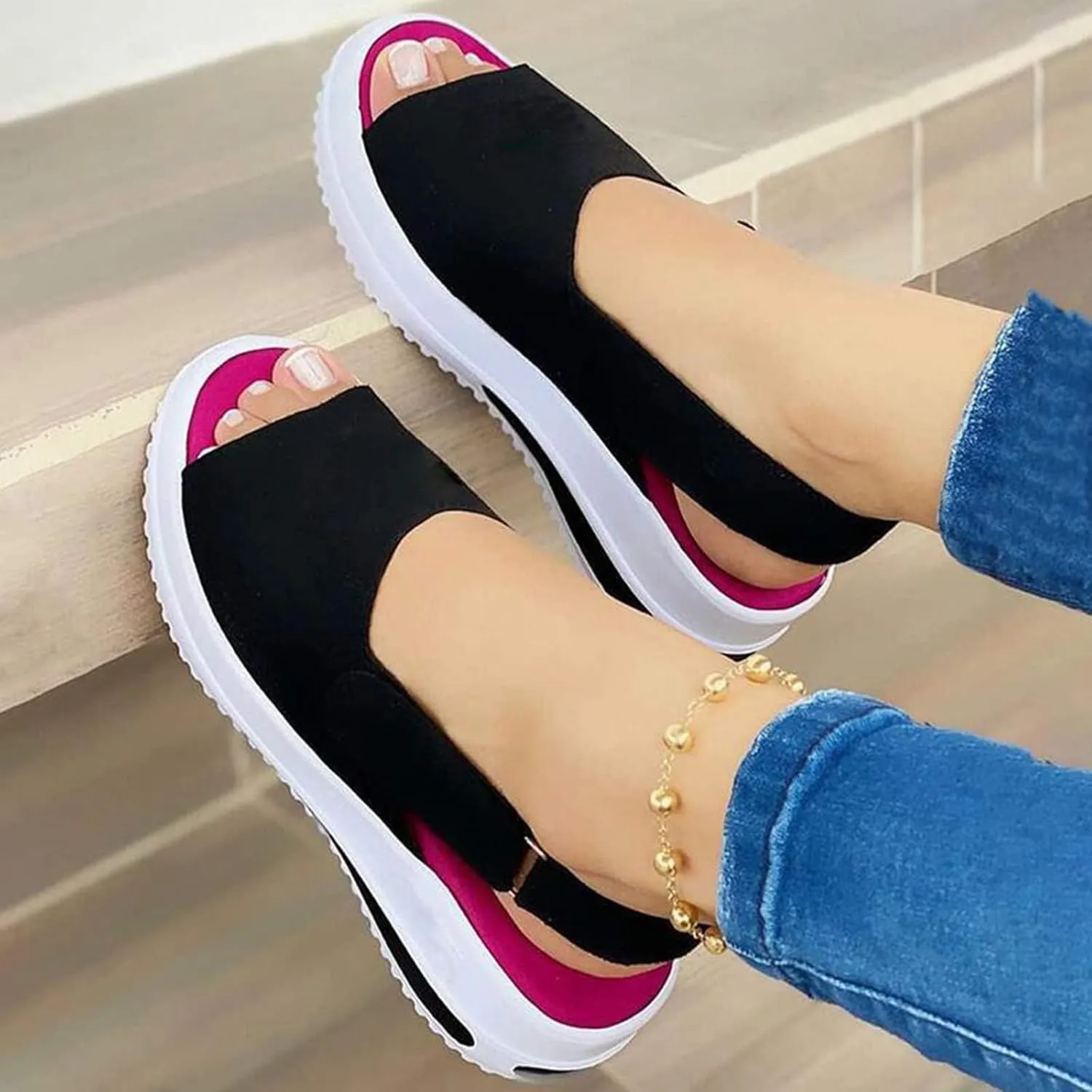 Sandals for Women 2025 Dressy Summer Casual Slip on Ankle Strap Buckle Crystal Platform Wedges Closed Toe Sandals Flat Buckle up Walking Shoes