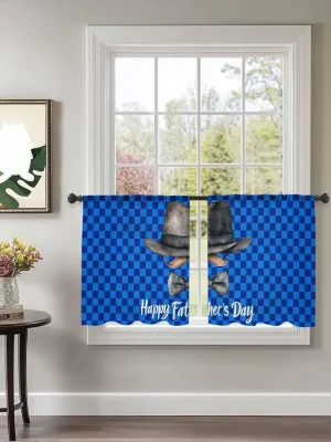 Semi Sheer Curtains 45In Length 2 Panels Set,Happy Father's Day Hat Beard Bow Tie Light Filtering Window Curtain,Blue Checker Plaid Privacy Drapes for Living Room Bedroom Windows Decor