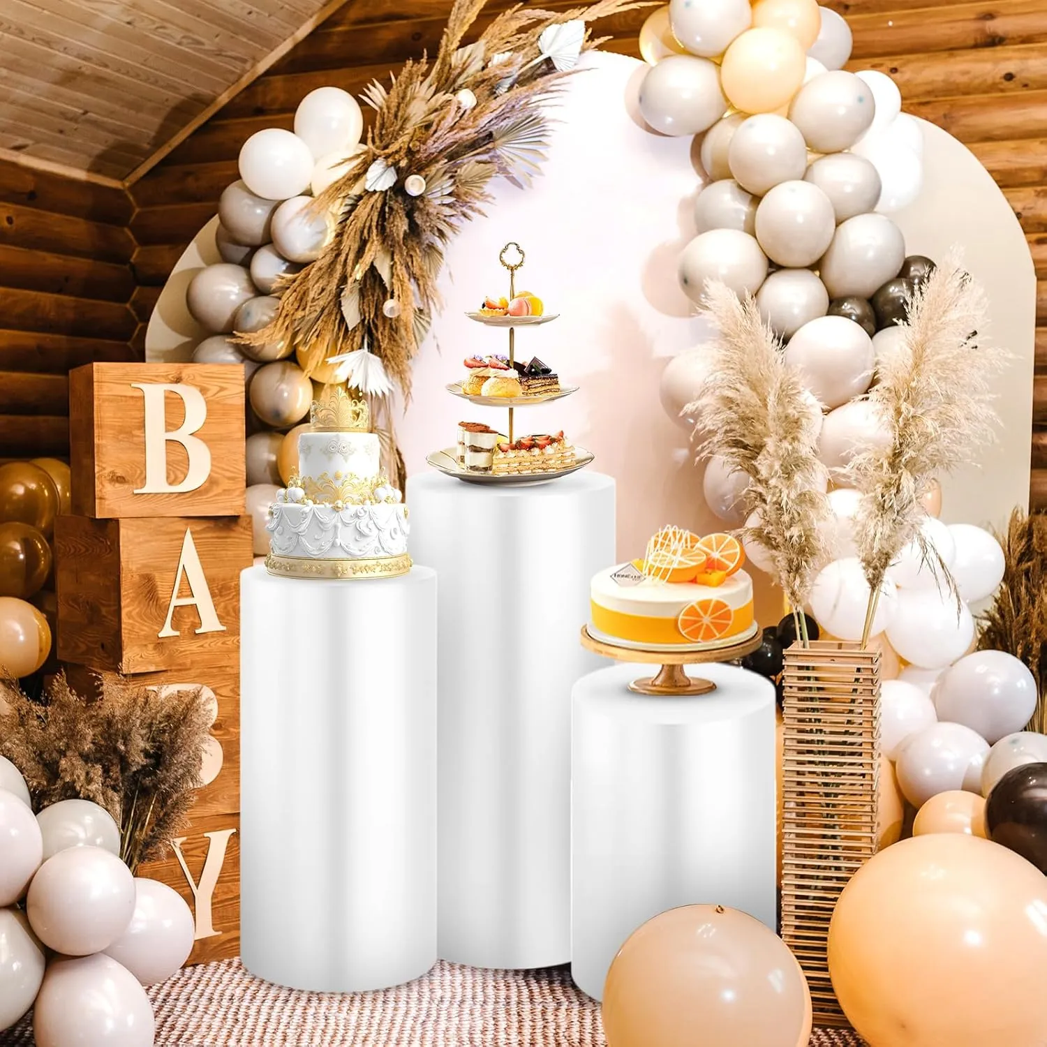 Set of 3 Cylinder Covers, Spandex Cylinder Pedestal Stand Covers, Upgrade Cylinder Stand Covers for Parties Wedding Pillars Baby Shower Dessert Tables Birthday Party Event Decor , Only Cylinder Stands Covers for Party (White)